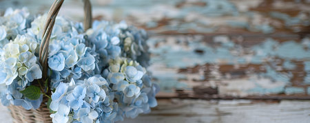 This enchanting image showcases a stunning arrangement of lush vibrant blue hydrangea blossoms nestled in a charming clay basket set upon a reclaimed wooden table The soft dreamy focus and pastelの素材