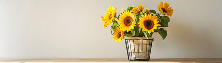 A minimalist and visually striking arrangement of tall vibrant sunflowers in a metal basket placed centrally on a light oak table in a bright airy studio setting The sunflowers bold yellow petals andの素材