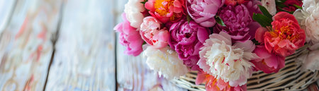 This image captures the beauty of an overflowing bouquet of vibrant peonies in shades of pink and white nestled within a pastel toned woven basket The flowers are arranged with a natural effortlessの素材