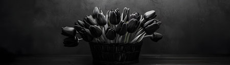 This striking image showcases a dramatic monochrome arrangement of black tulips in a woven basket set against a dark moody backdrop on a simple wooden table The dramatic lighting casts deep shadowsの素材
