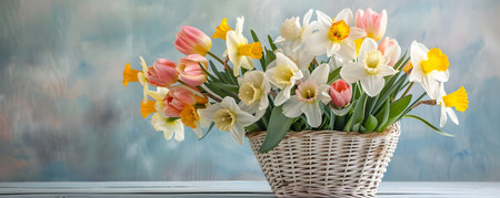 A beautiful spring themed display featuring a wicker basket overflowing with pastel tulips and daffodils set against a pale wooden table and bathed in soft refreshing morning light The floralの素材