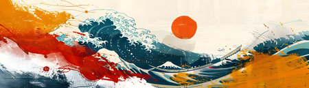 This captivating digital painting depicts a minimalist abstract landscape inspired by the traditional Japanese woodblock print style The artwork showcases a serene ocean scene with dramatic waves andの素材