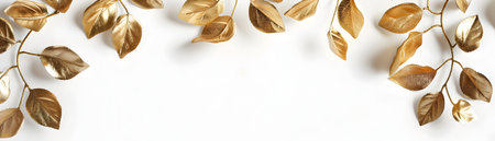 A stunning arrangement of gold dipped rose leaves elegantly framing a pristine white canvas The metallic sheen of the leaves creates a captivating high end look evoking a sense of luxury andの素材