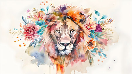 A stunning watercolor depicting a majestic lion with a lush boho style mane filled with vibrant flowers geometric shapes and abstract patterns The lion s powerful yet serene gaze is set against theの素材