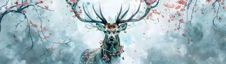 This captivating watercolor depicts a proud deer with magnificent antlers entwined with delicate flowers and lush vines standing amidst the misty ethereal woodland The scene has a magical bohoの素材