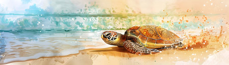 This stunning watercolor depicts a serene sea turtle with a beautifully intricate henna inspired shell design resting on a sandy tropical beach The turtle is surrounded by crashing ocean wavesの素材