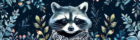 A charming watercolor depicts a playful raccoon wearing a paisley patterned bandana surrounded by a vibrant nighttime forest scene filled with lush foliage leaves and branches The raccoon sの素材
