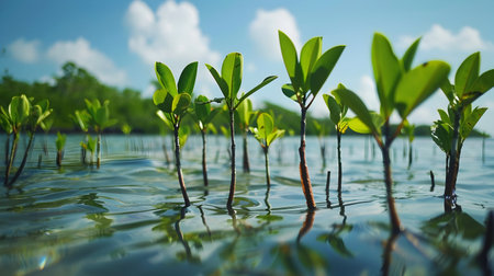 This image depicts a coastal scene with a mangrove project underway Mangrove trees known for their ability to thrive in coastal environments are being planted in the shallow waters to help preventの素材