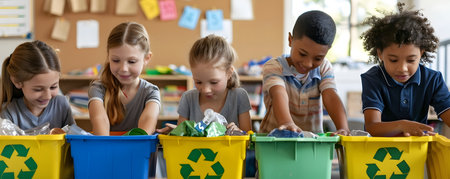 A group of young students both girls and boys are engaged in a lesson about recycling and sustainability practices in their school classroom They are gathered around various color coded recyclingの素材