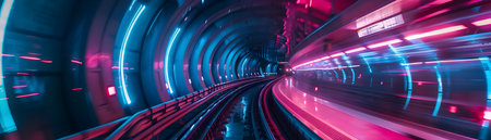 This image depicts a high speed subway train hurtling through a futuristic neon lit tunnel The train s metallic surface reflects the striking blue and pink hues of the surrounding lighting creating aの素材