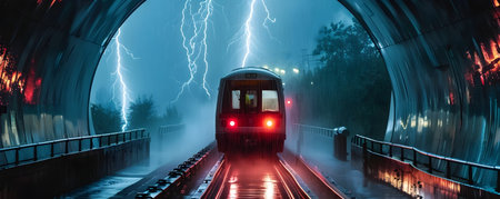 A high speed subway train is seen rushing through a dimly lit tunnel entrance with dramatic lightning flashing in the stormy sky outside The train s motion creates a blurred effect adding to theの素材