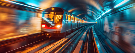 This image captures the dynamism of a high capacity subway train rushing through a brightly lit modern urban tunnel The train is filled with commuters creating a sense of movement and activity Theの素材