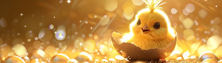 This captivating digital depicts an adorable baby chick poking its head out of a cracked golden egg surrounded by a warm glowing and sparkly background The chick has exaggerated cute features likeの素材