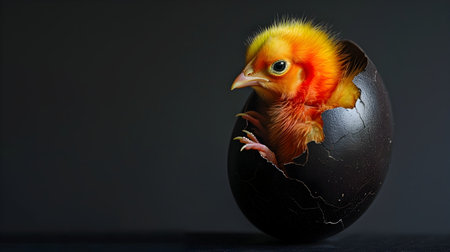 This captivating image depicts a vibrant chick with striking orange and yellow feathers breaking through a dark chocolate colored egg The stark contrast between the hatchling s vibrant plumage andの素材