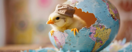 A whimsical and conceptual image depicting an adventurous chick wearing a tiny explorer hat emerging from an egg shaped globe adorned with maps and routes The scene represents the idea of discoveryの素材