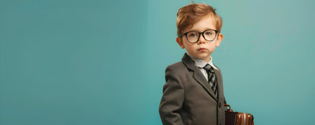 This striking image captures a child dressed in a classic business suit standing tall and holding a briefcase with a resolute expression The teal background creates a dynamic contrast highlightingの素材