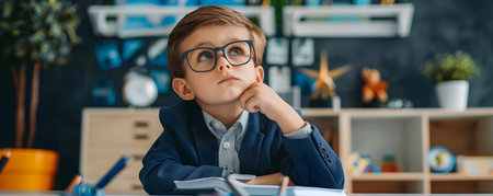 This image depicts a young boy sitting at a desk appearing deep in thought and contemplation He is surrounded by various business related items such as a laptop folders and writing materialsの素材