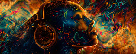 This captivating digital artwork immerses the viewer in the laidback introspective groove of dub music Vibrant psychedelic colors and textures swirl and pulsate around a pair of headphones capturingの素材
