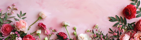 A beautifully curated asymmetrical floral arrangement set against a soft pink backdrop creating a modern and bohemian inspired frame The composition features an array of lush blooms including rosesの素材