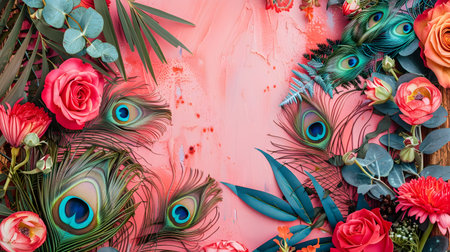 This image depicts a beautifully composed boho inspired frame adorned with a visually striking arrangement of vibrant peacock feathers and an array of exotic colorful blooms The frame is filled withの素材
