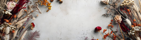 This image depicts a beautifully arranged circular frame made up of various dried flowers foliage and other natural elements The composition has a warm earthy and organic feel with a rustic bohoの素材