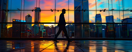 The image depicts the silhouette of a lone individual walking through an urban landscape their outline standing in stark contrast against the vibrant colorful skyline of towering skyscrapers in theの素材