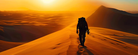 This image captures the silhouette of a lone wanderer trekking across a vast arid desert landscape as the last rays of the sun illuminate the golden sand dunes The serene and solitary scene evokes aの素材