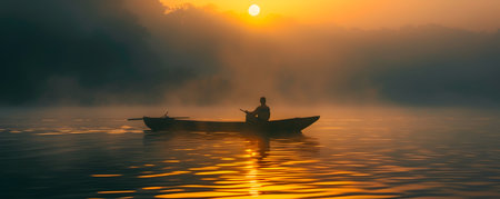 This captivating image evokes a profound sense of wonder and possibility as a lone traveler navigates their boat across a serene misty lake at dawn The ethereal moody atmosphere is heightened by theの素材