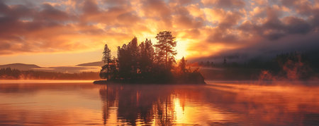 Breathtaking scene of a serene lake surrounded by a forest of towering trees reflecting the fiery hues of a dramatic sunrise sky The mist shrouded island adds an ethereal dreamlike to thisの素材