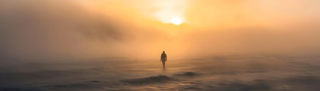 This evocative image depicts a solitary figure emerging from the swirling mist their silhouette bathed in the soft warm glow of the rising sun The scene is shrouded in an atmospheric mystical hazeの素材