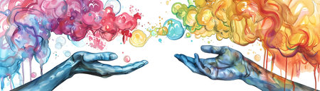 This dynamic and vibrant abstract painting depicts two hands reaching towards each other exchanging thought bubbles filled with a kaleidoscope of colors and expressive shapes The image symbolizes theの素材