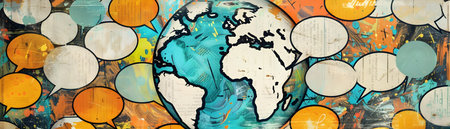 This vivid hand drawn painting portrays a stylized globe surrounded by a vibrant array of speech bubbles in various colors The image represents the dynamic discussions dialogues and exchangesの素材