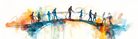 This vibrant hand drawn painting depicts a group of people collaborating to construct a bridge symbolizing the power of collective effort and the connection between ideas The colorful abstractの素材