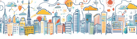 This vibrant and dynamic depicts a bustling cityscape backdrop showcasing a variety of modern skyscrapers and architectural elements The scene represents a thriving technologically advanced urbanの素材