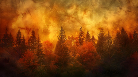 The image depicts a breathtaking autumn landscape where the treetops have transformed into a fiery vibrant tapestry of colors The forest is engulfed in a warm glowing light creating a mesmerizing andの素材
