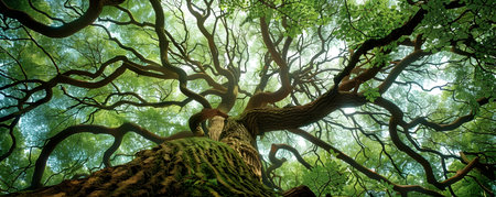 The image captures the mesmerizing beauty of an ancient forest where the treetops seem to conceal secrets within their gnarled and twisted branches The lush verdant canopy is bathed in a softの素材