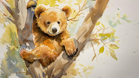 This charming watercolor painting depicts a chubby baby bear cub clumsily climbing up the branches of a tree The cub s round fluffy body sways with each awkward movement as it extends its paws toの素材