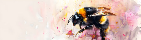 This vibrant watercolor painting captures the essence of a round fuzzy bumblebee as it buzzes from flower to flower in a lush botanical garden The bee s chubby body is coated in pollen its stripedの素材