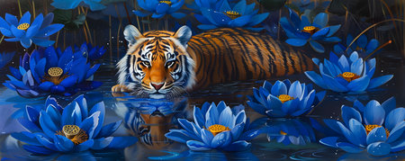 This captivating oil painting depicts a majestic tiger resting peacefully amidst a serene pond filled with a profusion of stunning blue lotus flowers The tiger s reflection shimmers on the tranquilの素材