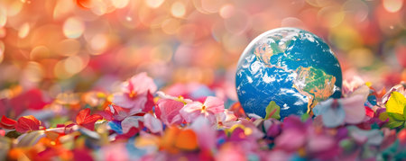 This captivating image depicts a globe floating amidst a sea of vibrant colorful petals representing the intricate and interconnected web of life on our planet The contrast between the delicateの素材