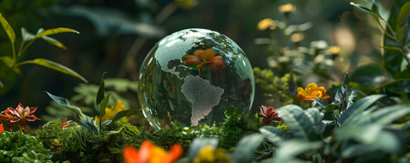 This captivating image depicts a glass globe nestled within a lush miniature terrarium ecosystem The terrarium is teeming with vibrant foliage and delicate flowers symbolizing the delicate balance ofの素材
