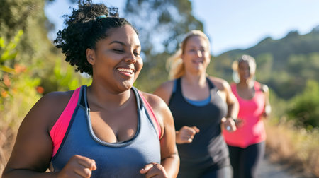 A group of cheerful energetic women are exercising and running together in a beautiful natural outdoor setting with mountains trees and greenery in the background The women appear to be supportingの素材