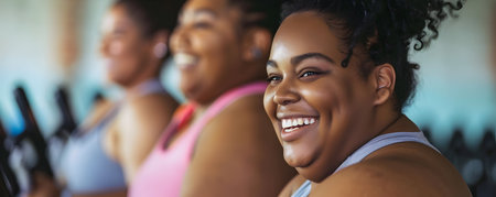 This image depicts a group of diverse plus size women engaged in a joyful supportive fitness activity The women are smiling laughing and clearly enjoying the camaraderie and shared experience of theの素材