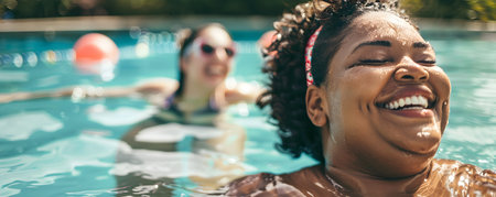 This image showcases a confident and radiant plus size woman enjoying a refreshing swim in a pool She is smiling widely exuding a sense of joy relaxation and self acceptance as she embraces her bodyの素材