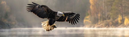 A magnificent bald eagle soars gracefully overhead its powerful wings spread wide as it scans the tranquil lake below Suddenly the bird of prey tucks its wings and dives swiftly its razor sharpの素材