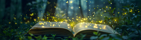A magical book opens unleashing a swarm of glowing fireflies that dance and flutter lighting up a winding path through the lush shadowed forest This enchanting scene invites the viewer to follow theの素材