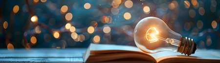 This image depicts a scene where a person is reading a book and the lighting of a glowing light bulb suggests a moment of and vision The lighting and the book symbolize the process of readingの素材