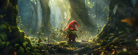 In a lush verdant forest a curious gnome stumbles upon a shimmering portal that leads to a realm where time flows in reverse Surrounded by mystical mushrooms moss covered pathways and an enchantingの素材