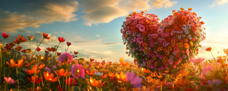 In an idyllic field of blooming flowers a rare and captivating heart shaped blossom emerges its vibrant petals aglow in the warm golden light of the setting sun The scene evokes a sense of romanceの素材