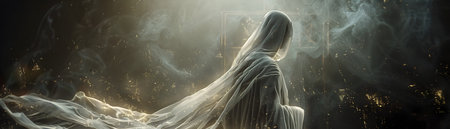 A figure cloaked in robes of pure white stands guard at the entrance to a mystical realm its face obscured by a veil of shimmering light The atmosphere is ethereal and otherworldly with a sense ofの素材